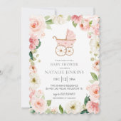 Girl Baby shower Pink Floral Invitation Kaart (Voorkant)