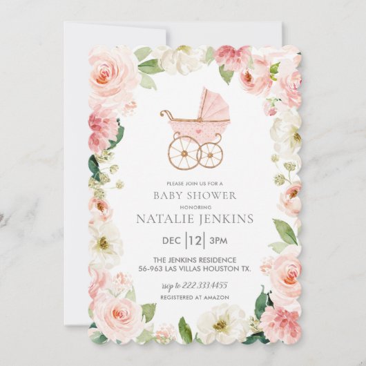 Girl Baby shower Pink Floral Invitation Kaart (Voorkant)