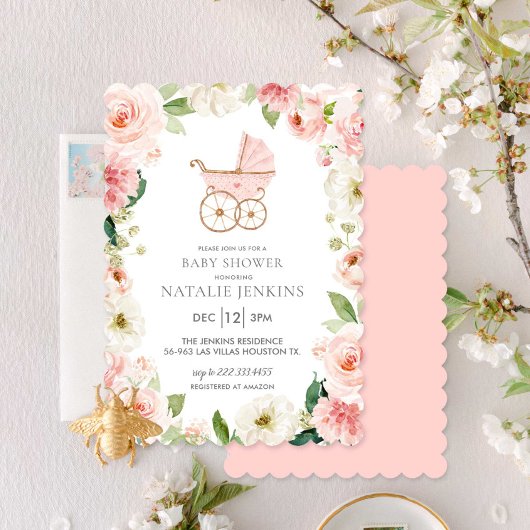 Girl Baby shower Pink Floral Invitation Kaart
