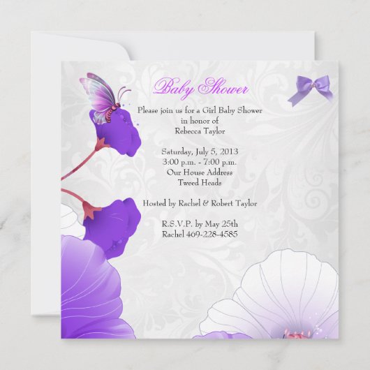 Girl Baby shower Pink Paars Butterfly Floral 2 Kaart (Achterkant)