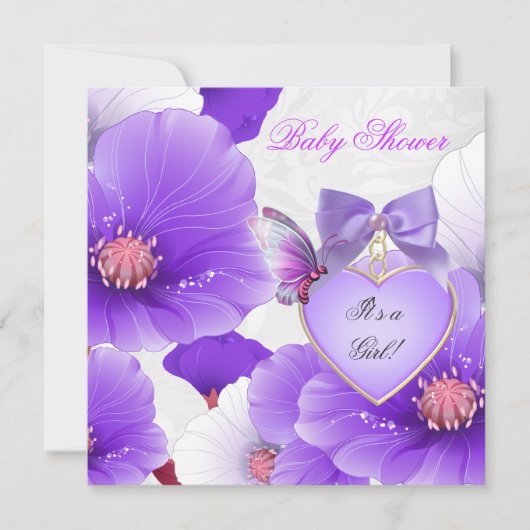 Girl Baby shower Pink Paars Butterfly Floral 2 Kaart (Voorkant)