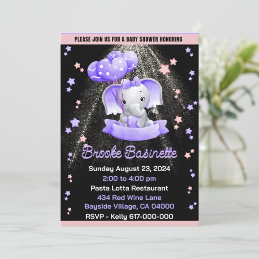Girl Baby shower Pink Paars Silver Baby Elephant Kaart (Staand voorkant)