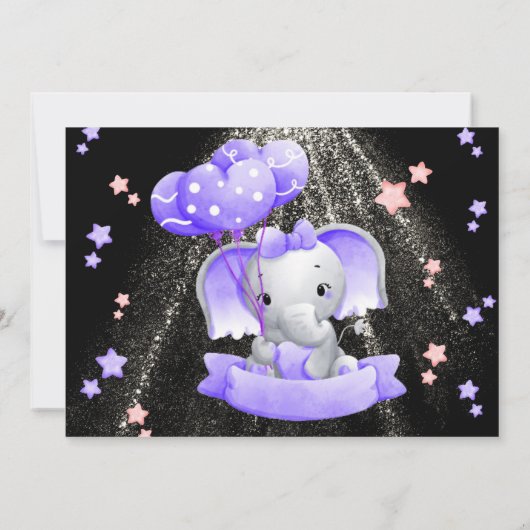 Girl Baby shower Pink Paars Silver Baby Elephant Kaart (Achterkant)