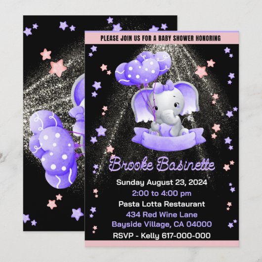 Girl Baby shower Pink Paars Silver Baby Elephant Kaart (Voorkant / Achterkant)