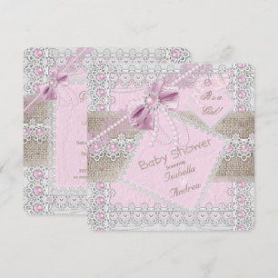 Girl Baby shower Pink Pearl Bow Lace Burlap 2 Kaart