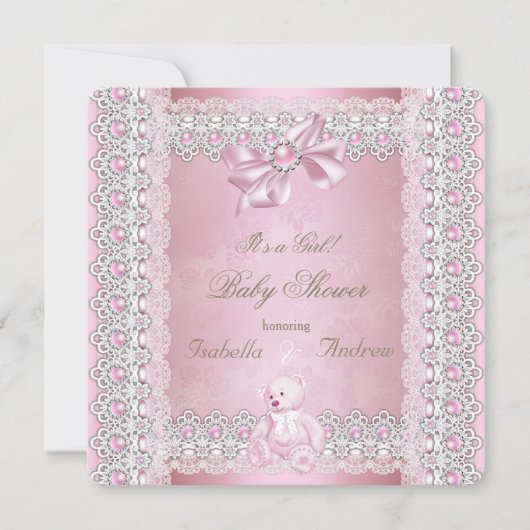 Girl Baby shower Pink Pearl Bow Lace Damask Kaart (Voorkant)