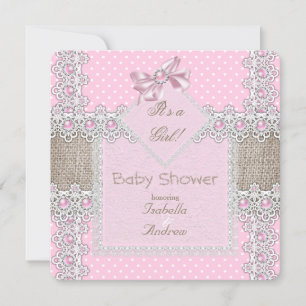 Girl Baby shower Pink Pearl Bow Lace Polka Dots Kaart