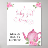 Girl Baby shower Pink Teapot and Flowers Welcome Poster (Voorkant)