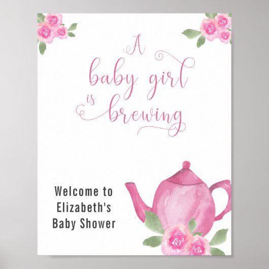 Girl Baby shower Pink Teapot and Flowers Welcome Poster (Voorkant)