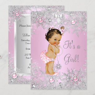 Girl Baby shower Pink Winter WonderLand Brunette Kaart