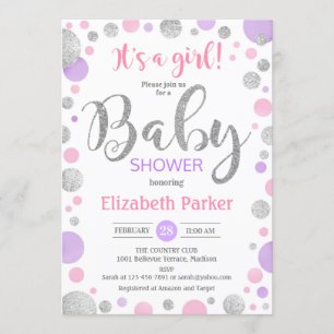 Girl Baby shower - Roze Paarse zilver-Stippen Kaart