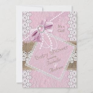 Girl Baby shower Rustic Pink Bow Lace Burlap 2 Kaart