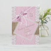Girl Baby shower Rustic Pink Bow Pearl Lace Burlap Kaart (Staand voorkant)