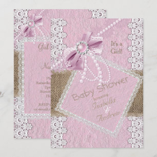 Girl Baby shower Rustic Pink Bow Pearl Lace Burlap Kaart