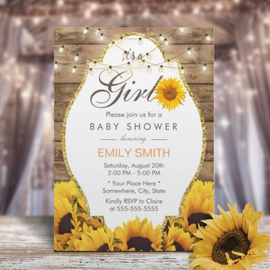 Girl Baby shower Rustic Sunflower String Lights Kaart