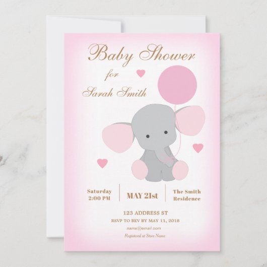 Girl Baby shower Sprinkle Invitation Elephant Pink Kaart (Voorkant)