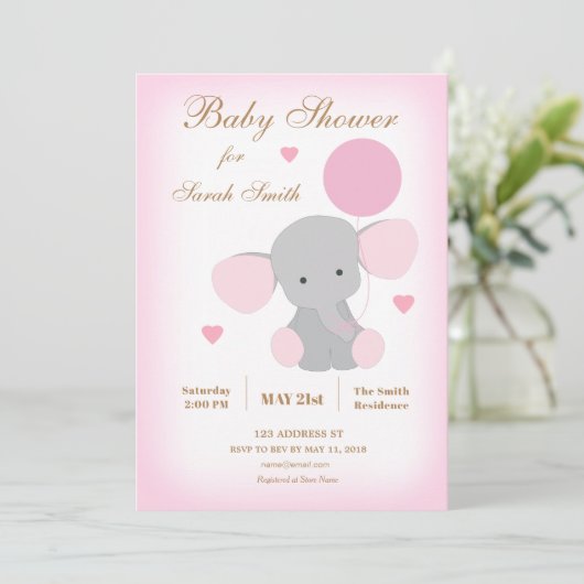 Girl Baby shower Sprinkle Invitation Elephant Pink Kaart (Staand voorkant)