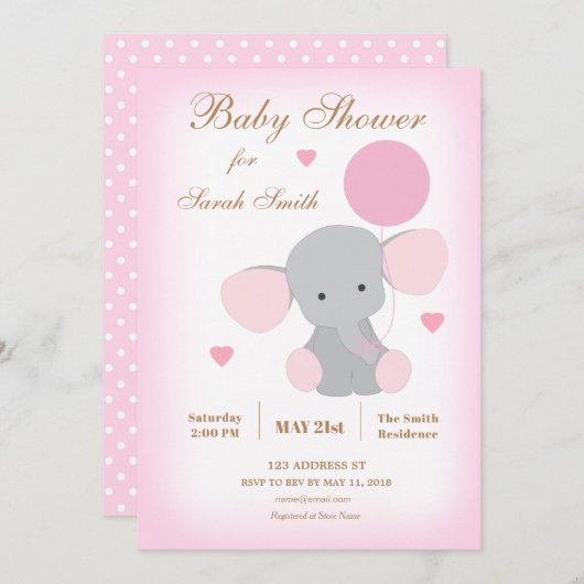 Girl Baby shower Sprinkle Invitation Elephant Pink Kaart (Voorkant / Achterkant)