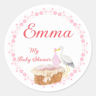Girl Baby Shower Stickers: Charming Floral Border Ronde Sticker