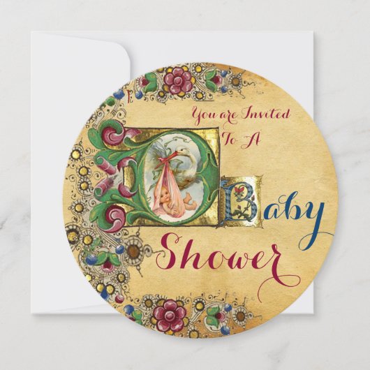 GIRL BABY SHOWER STORK FLORAL PARCHMENT MONOGRAM KAART (Voorkant)