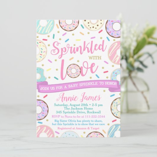 Girl Baby Sprinkle Invitation Donut Baby Sprinkle Kaart (Staand voorkant)