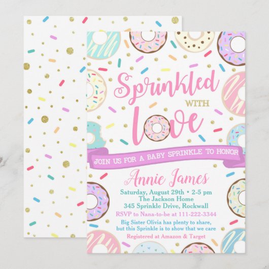 Girl Baby Sprinkle Invitation Donut Baby Sprinkle Kaart (Voorkant / Achterkant)