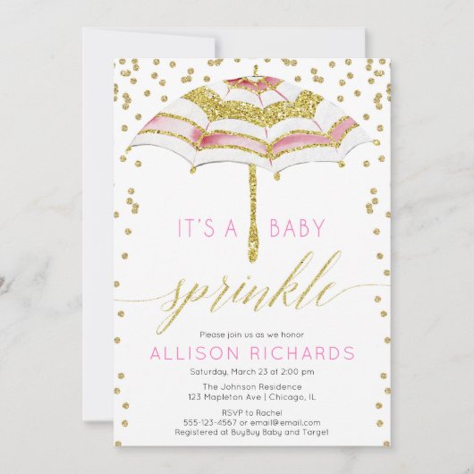 Girl baby sprinkle, parapluroze goudbaby shower kaart (Voorkant)