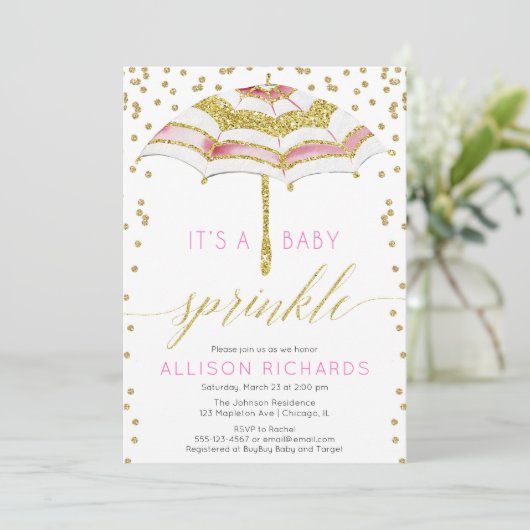 Girl baby sprinkle, parapluroze goudbaby shower kaart (Staand voorkant)