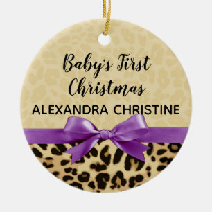 Girl Babys First Kerstluipaard print Paars Keramisch Ornament
