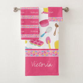 Girl Baker Pink Cooking Pattern Chef Kind Bathroom Bad Handdoek