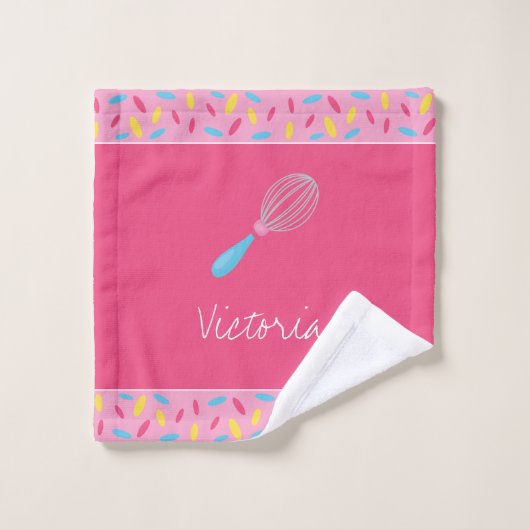 Girl Baker Pink Cooking Pattern Chef Kind Bathroom Bad Handdoek (Wasdoekje)