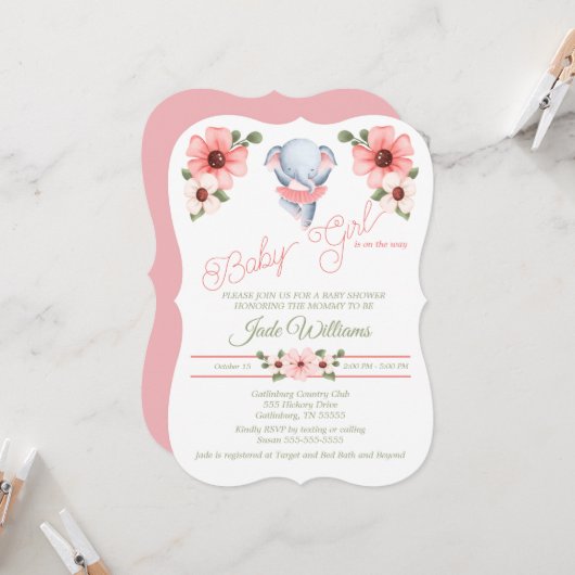 Girl Ballerina Elephant Baby shower Invitation Kaart (Voorkant / Achterkant in situ)