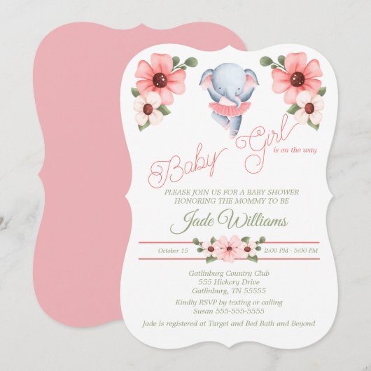 Girl Ballerina Elephant Baby shower Invitation Kaart (Voorkant / Achterkant)