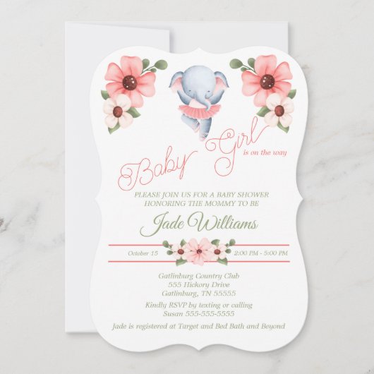 Girl Ballerina Elephant Baby shower Invitation Kaart (Voorkant)