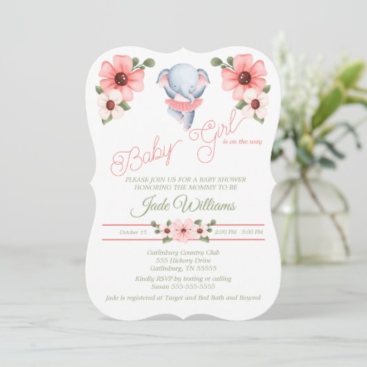 Girl Ballerina Elephant Baby shower Invitation Kaart (Staand voorkant)