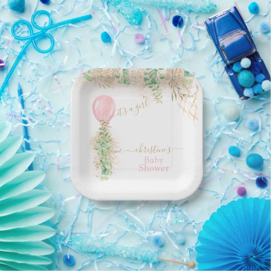 Girl Balloon Eucalyptus Gold Glitter Baby shower Papieren Bordje (Feest)