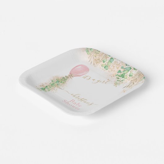 Girl Balloon Eucalyptus Gold Glitter Baby shower Papieren Bordje (Gebogen)