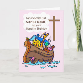 Girl Baptism Birthday met Noahs Ark op Roze Kaart