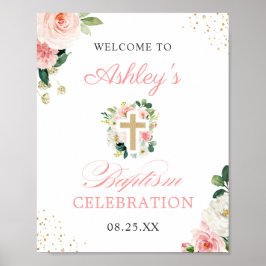 Girl Baptism Blush Pink Floral Gold Cross Sign Poster
