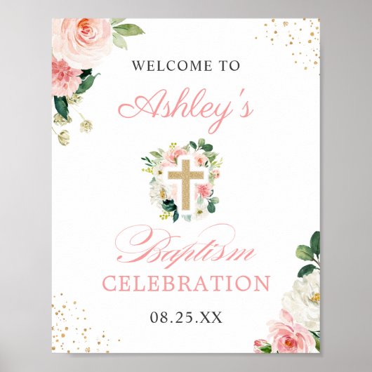 Girl Baptism Blush Pink Floral Gold Cross Sign Poster (Voorkant)