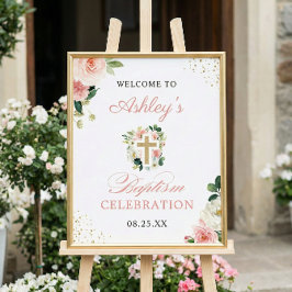 Girl Baptism Blush Pink Floral Gold Cross Sign Poster