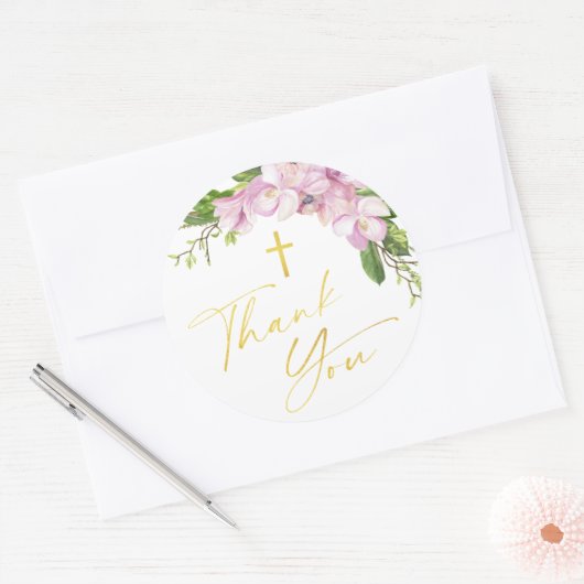 Girl Baptism Blush Pink Flowers Groot Dank je Ronde Sticker (Envelop)