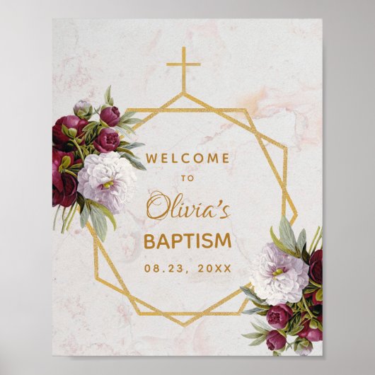 Girl Baptism Burgundy Peonies Marble Gold Welkom Poster (Voorkant)