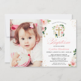 Girl Baptism Christening Foto Blush Pink Floral Kaart