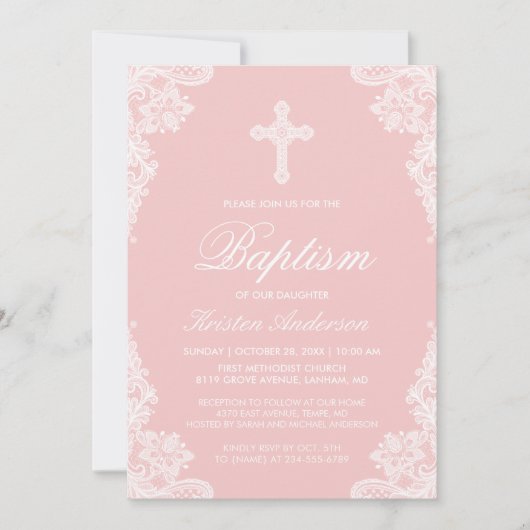 Girl Baptism Elegant Blush Pink White letfoto Kaart (Voorkant)