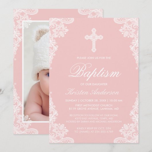 Girl Baptism Elegant Blush Pink White letfoto Kaart (Voorkant / Achterkant)