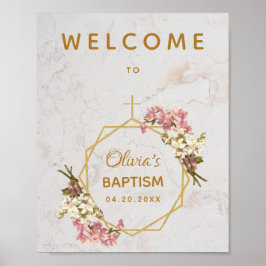 Girl Baptism Floral Marble Gold Orchids Welkom Poster