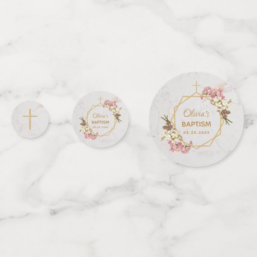 Girl Baptism Floral Pink Orchids Marble Gold Photo Confetti (Achterkanten)