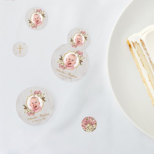 Girl Baptism Foto Floral Marble Gold Pink Orchid Confetti