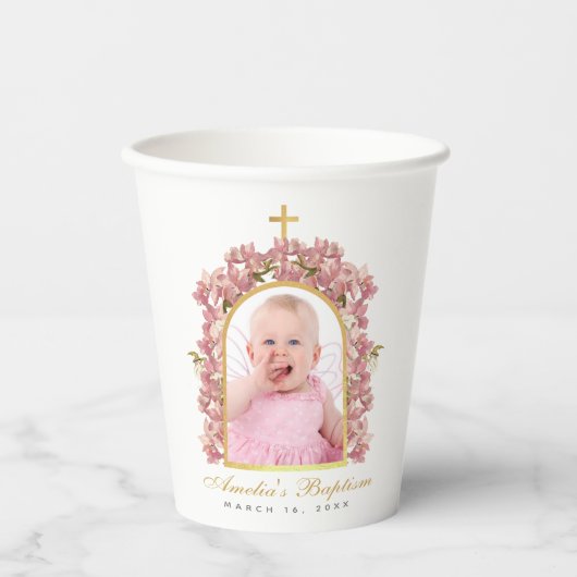 Girl Baptism Foto Gold Arch Floral Pink Orchids P Papieren Bekers (Voorkant)